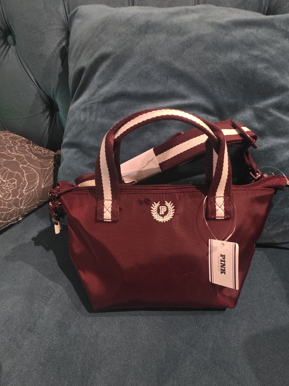 PINK Victoria's Secret Small Burgundy Tote with Cream-Trim Handles